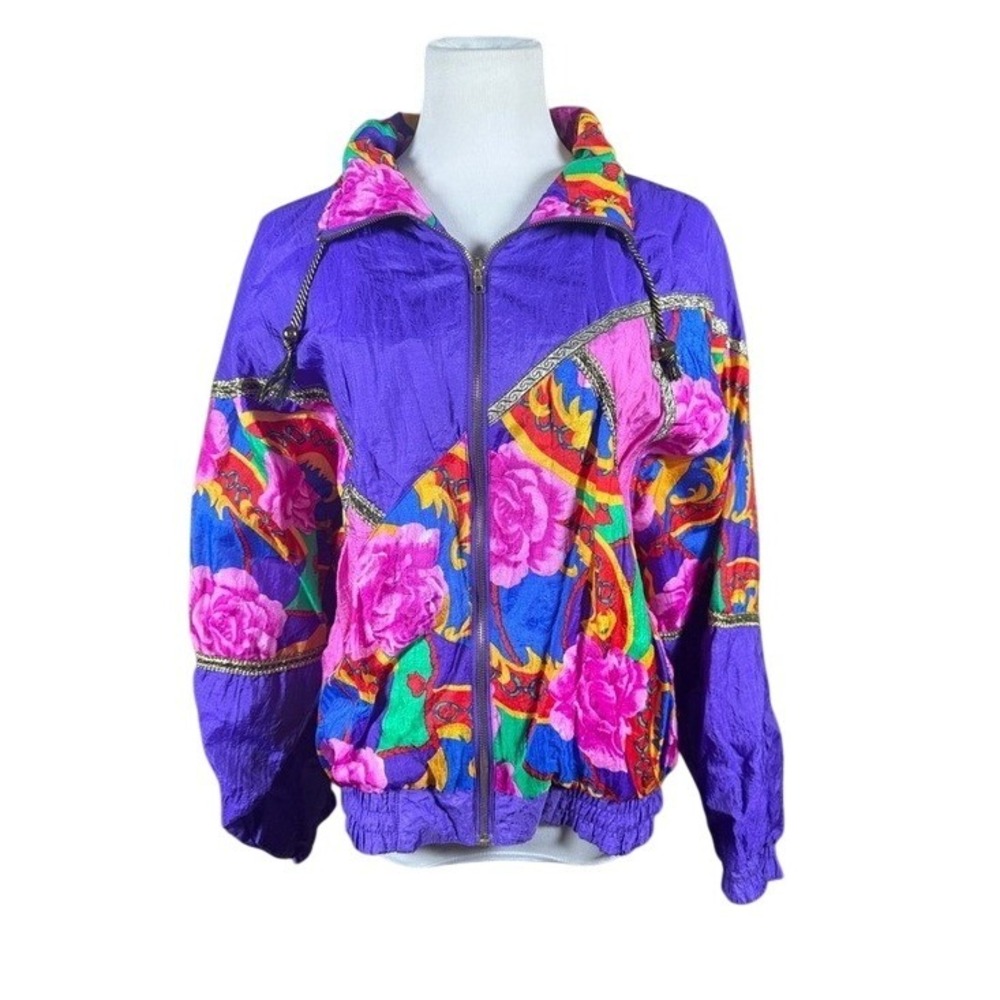 Olympic Exposure Vintage 90s Floral Baroque Windbreaker Jacket Purple‎ Pink Med